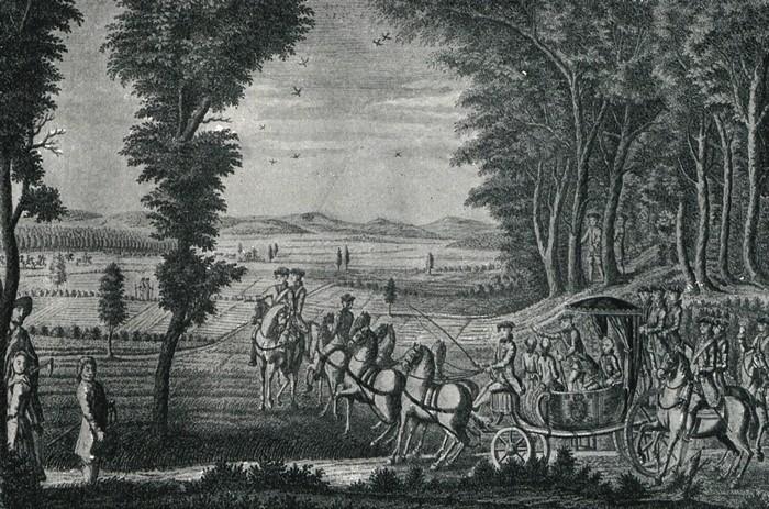 Le dauphin chassant en voiture fait respecter à ses gens les récoltes des paysans (XVIIIe siècle) - Illustration tirée de l'ouvrage La Chasse à traver